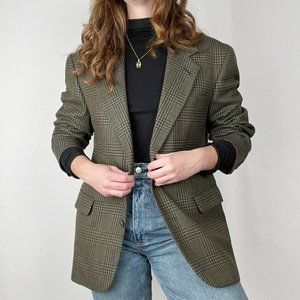 Vintage Oversized Wool Houndstooth Plaid Blazer Jacket Coat Long Preppy Academia